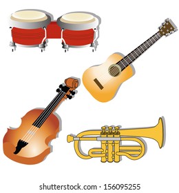 different music instrument with shadow effect on white background