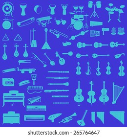 different music instruments in dark blue background