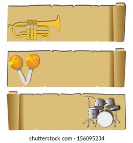 different music instruments on abstract papyrus paper