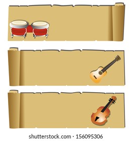 different music instruments on abstract papyrus paper