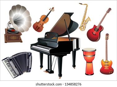 Different music instruments on the white background