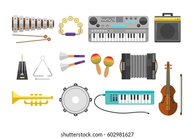 Different music instruments vector musical guitar violin and sound classical concert trumpet collection entertainment composition illustration.