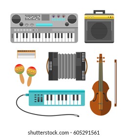 Different music instruments vector musical guitar violin and sound classical concert trumpet collection entertainment composition illustration.