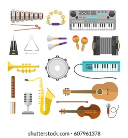 Different music instruments vector musical guitar violin and sound classical concert trumpet collection entertainment composition illustration.