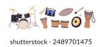 Different music percussion instruments set. Wooden djembe, tribal African bongo, Asian gong, drum kit with cymbals for playing rhythm, beat. Flat isolated vector illustrations on white background