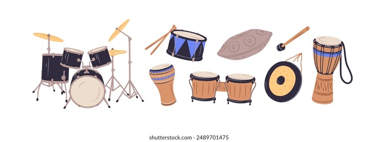 Different music percussion instruments set. Wooden djembe, tribal African bongo, Asian gong, drum kit with cymbals for playing rhythm, beat. Flat isolated vector illustrations on white background