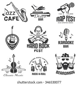 different music styles retro emblems and bages, rock, jazz, rap and disco labels set