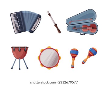 Different Musical Instrument with Accordion, Flute, Violin, Drum and Maraca Vector Set