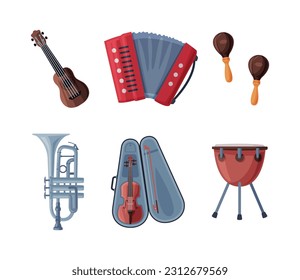 Different Musical Instrument with Accordion, Violin, Drum, Maraca, Ukulele and Horn Vector Set