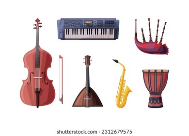 Different Musical Instrument with Cello, Balalaika, Saxophone, Drum, Keyboard and Bagpipe Vector Set.