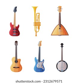 Different Musical Instrument with Electric Guitar, Trumpet and Balalaika Vector Set