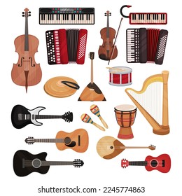 Different Musical Instrument with Stringed and Percussion Like Violin, Harp, Guitar, Drum, Maraca and Balalaika Vector Set