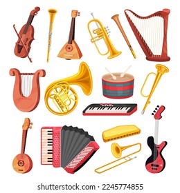 Different Musical Instrument with Stringed, Wind and Percussion Like Violin, Drum, Harp, Trumpet, Keyboard and Trombone Vector Set