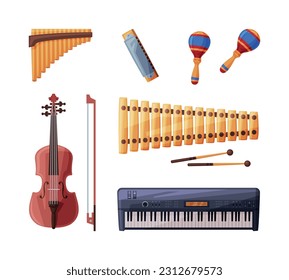 Different Musical Instrument with Violin, Maraca, Xylophone, Keyboard and Panpipe Vector Set