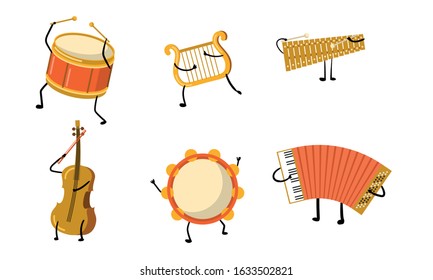 Different musical instuments characters with hands and legs vector illustration