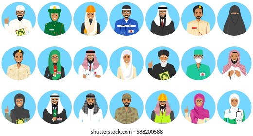 Different muslim Middle East people professions occupation characters avatars icons set in flat style isolated on blue background. Differences islamic saudi arabic persons smiling faces. Vector.