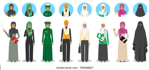 Different muslim Middle East people professions occupation characters woman set in flat style isolated on white background. Set of avatars icons. Templates for infographic, sites, banners, networks.