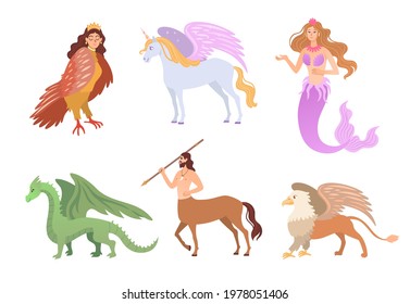 Different mythical creatures flat vector illustrations set. Fantasy characters, centaur, harpy, dragon, mermaid, Pegasus, griffin isolated on white background. Greek mythology, magic, monsters concept