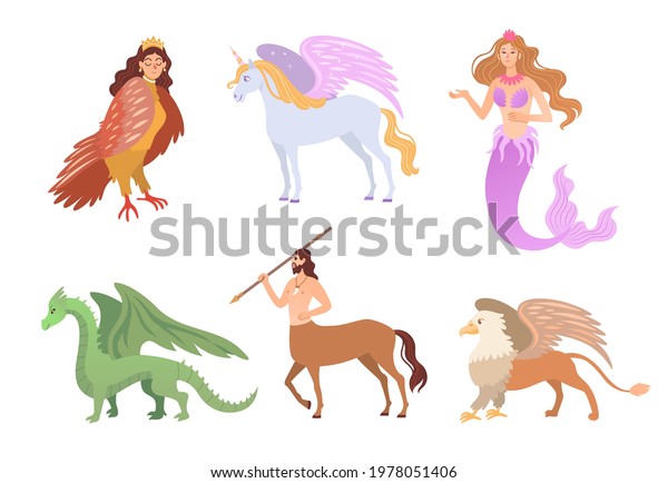 Different mythical creatures flat vector\
illustrations set. Fantasy characters, centaur, harpy, dragon,\
mermaid, Pegasus, griffin isolated on white background. Greek\
mythology, magic, monsters\
concept