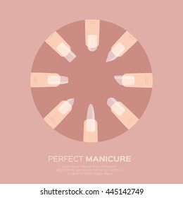 Different nail shapes icons. Woman fingers. Fingernails fashion trends. Types of fashion nail shapes. Vector design illustration on pastel background