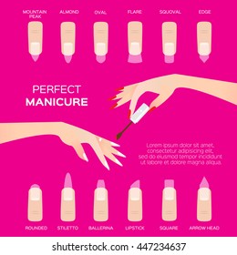 Different nail shapes. Woman fingers. Fingernails fashion trends on pink background. Vector design illustration