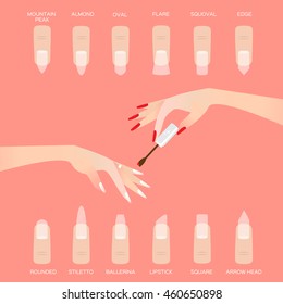 Different nail shapes. Woman fingers. Fingernails fashion trends on pink background. Vector design illustration