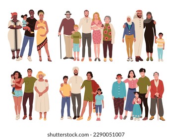 Different nationalities families. Various ethnicities people, arabian and chinese, asians, european and indian, parents with kids standing, parenthood concept cartoon flat tidy vector set