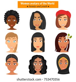 Different nationalities girls avatar faces color flat icons set