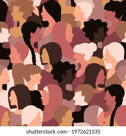 Different nationality, ethnicity and hairstyle girls seamless pattern. Vector illustration. International Womens Day, Happy Mother's day trendy background. Cute ladies faces, pastel brown colors