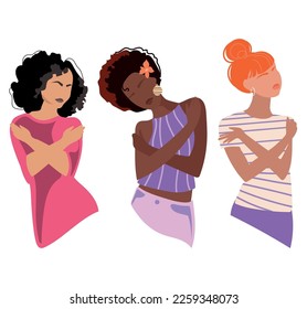 Different nationality Female person is hugging herself.Embrace Equity and Love yourself concept.International Women's Day 2023.Vector illustration set,women girls group,African,Latino,Caucasian