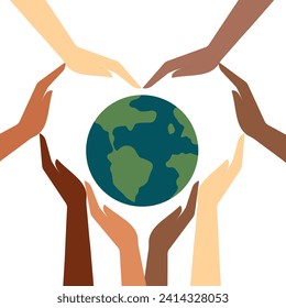 Different nationality's hands hold and protect the Earth. Earth Day. Vector illustration in flat cartoon style.