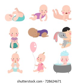 Different Nations Baby Kids Infants Girls And Boys Playfull Poses Character Vector Illustration.