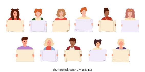 Different nations representatives taking part in parade. Group man, woman student protesters activists. Cartoon set young multiracial people holding banner, empty frame for text. Vector illustration