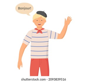 Different nations representatives waving hand. Young nice french man in casual clothes say hello. Character flap his hand friendly isolated on white. Guy waving hand saying hi, makes greeting gesture