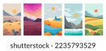 Different natural landscapes, field, forest, mountains, river, sea. A set of five vertical orientation illustrations for 16x9 phone screens. Flat vector for design.