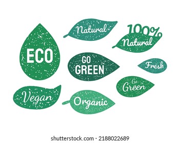 Different Natural leaf shape icon. Eco Go Green Vegan Organic label sticker stamp chop texture design.