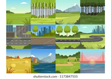 Different natural summer landscapes set, scenes of city, park, field, mountain, road, river and bridge
