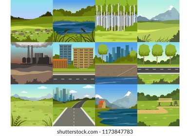 Different natural summer landscapes set, scenes of city, factory, forest, field, hills, road, river and lake