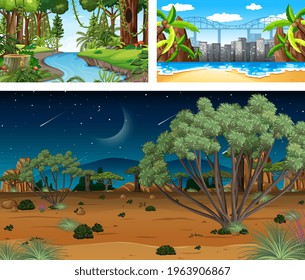 Different nature horizontal scenes in cartoon style illustration
