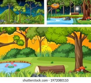 Different nature horizontal scenes in cartoon style illustration
