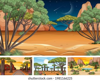 Distintas escenas horizontales de naturaleza en ilustraciones de estilo de dibujos animados