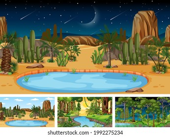Different nature horizontal scenes in cartoon style illustration