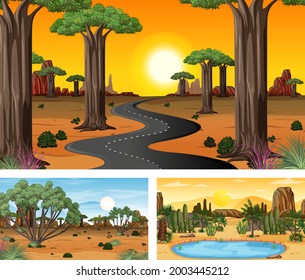 Different nature horizontal scenes in cartoon style illustration