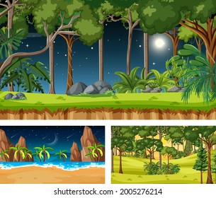 Different nature horizontal scenes in cartoon style illustration