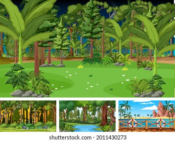 Distintas escenas horizontales de naturaleza en ilustraciones de estilo de dibujos animados