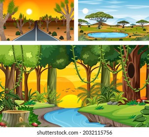 Different nature horizontal scenes in cartoon style illustration