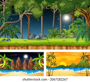 Different nature horizontal scenes in cartoon style illustration