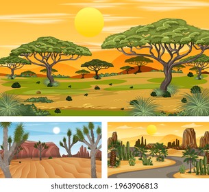 Different nature horizontal scenes illustration