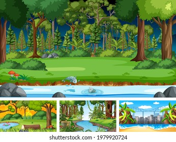 Different nature horizontal scenes illustration