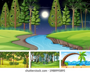 Different nature horizontal scenes illustration